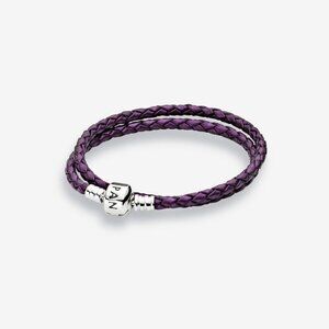 Pandora Purple Braided Double Leather and Sterling Charm Bracelet 590705CPE-D